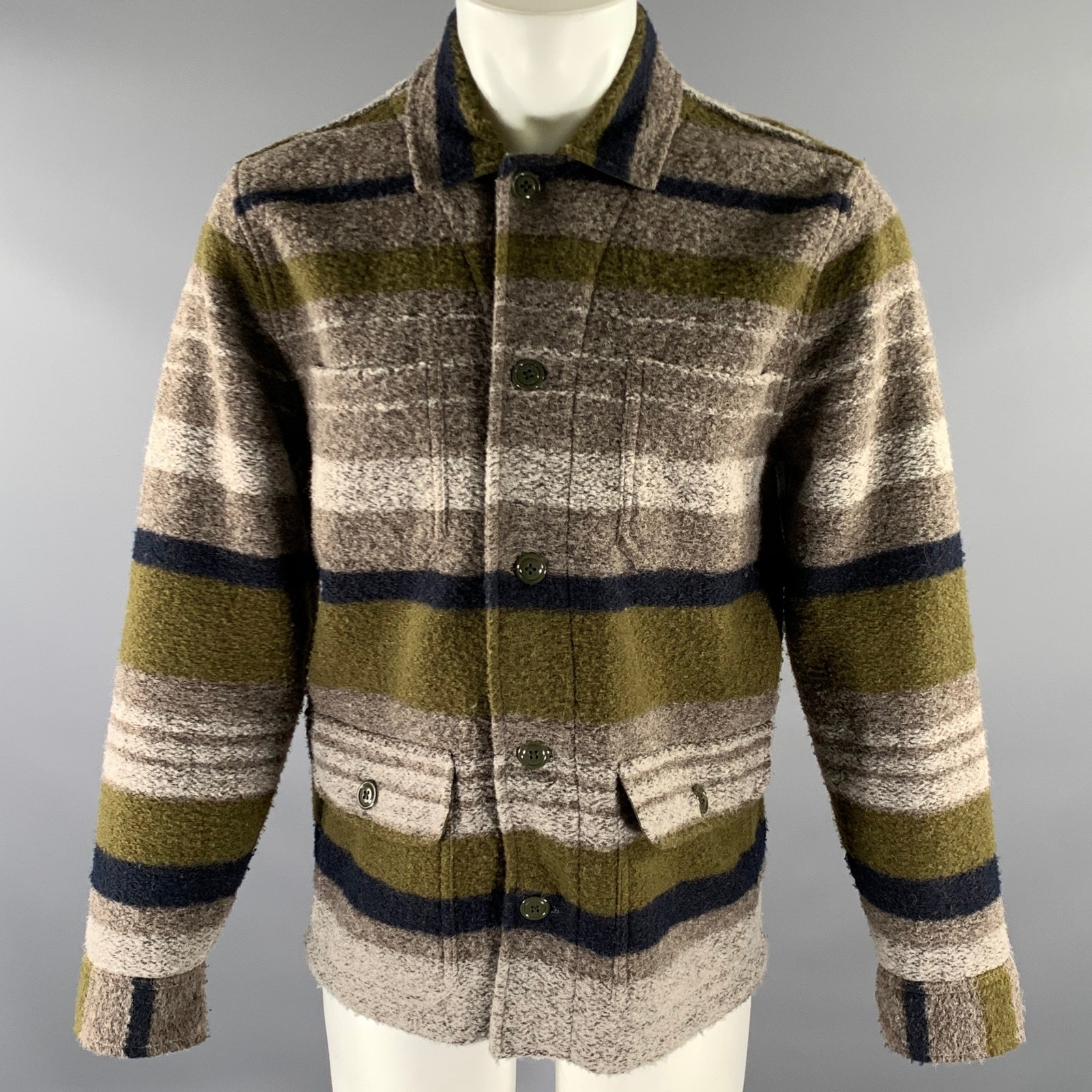 Todd Snyder Size M Tan Olive Textured Stripe Cotton Chore Jacket